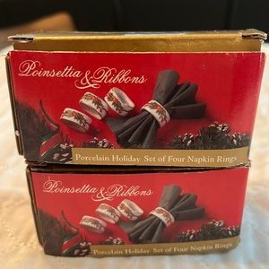 Vtg Christmas poinsettia & ribbon porcelain napkin rings w/original box set of 2